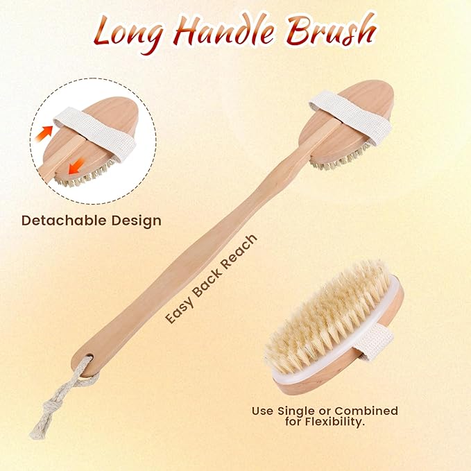 Dry Brush Set-4 Packs Natural Boar Bristle Dry Brushing Body Brush Exfoliating Face, Foot, Bath Brush for Face and Body for Cellulite Lymphatic Drainage(Set A)