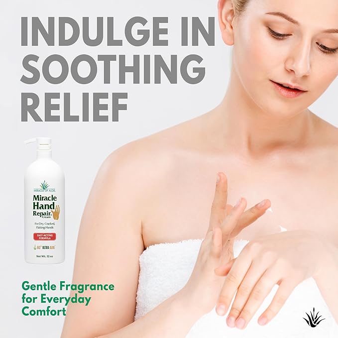 Miracle Hand Repair Cream for Dry Cracked Hands 32 oz Best Healing Hand Cream with 60% Aloe Vera - Non-Greasy Moisturizer for Working Hands - Fast Absorbing Lotion for Extremely Dry Skin