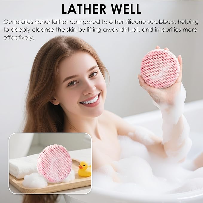 INNERNEED Food-Grade Soft Silicone Body Scrubber Shower Brush Handheld Cleansing Skin Brush, with Exfoliating Net Sponge Case (Pink Brush)