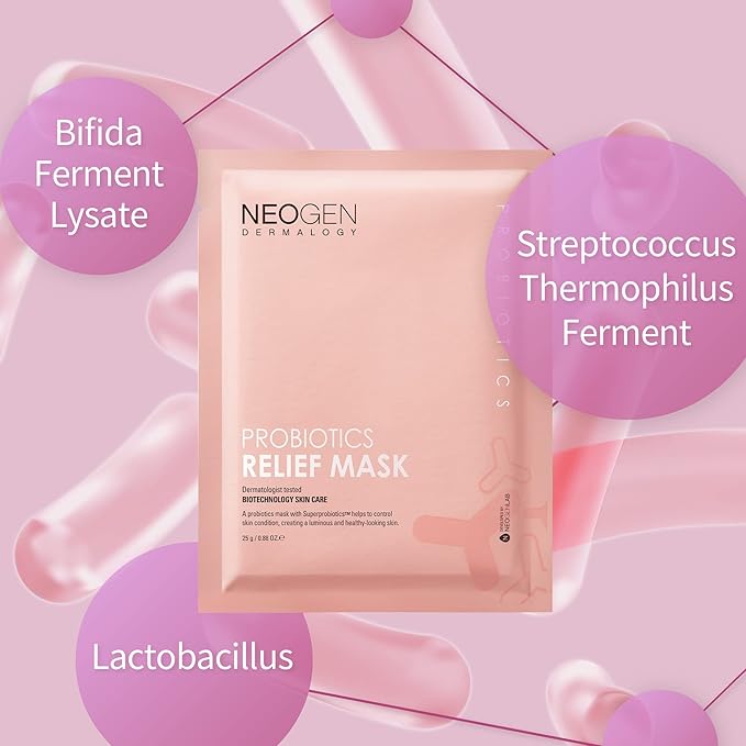 DERMALOGY by NEOGENLAB Probiotics Relief Mask, Pack of 5 (0.88 oz / 25g) - Hydrating & Firming Facial Sheet Mask with Probiotics Lactobacillus & Bifida & Collagen - Korean Skin Care
