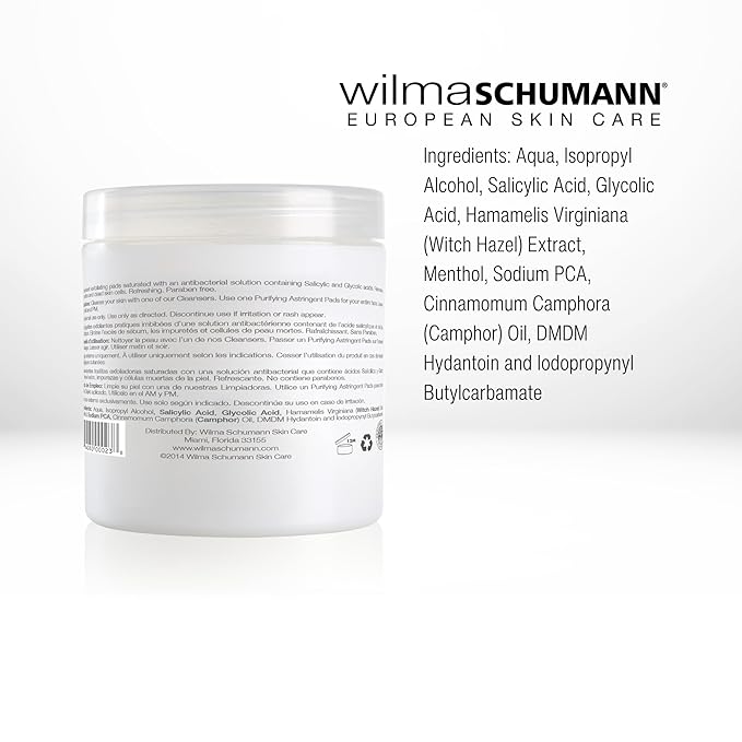 Wilma Schumann Purifying Astringent Pads for Face, Skin Exfoliating Pads with Salicylic Acid, Pack of 60