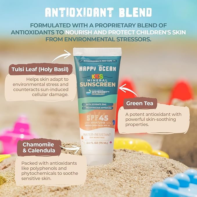 SPF 45 Reef Safe Mineral Sunscreen for Kids & Sensitive Skin with Non-Nano Zinc Oxide, Non Toxic Kids Sunscreen for Face & Body, Natural Organic Sunblock, Travel Size, Vegan 2.5 Fl Oz