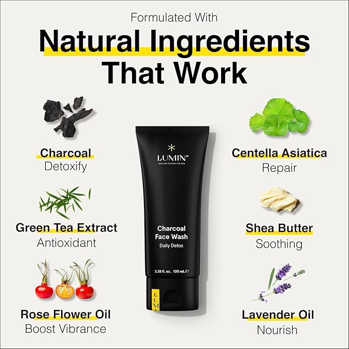 Lumin Charcoal Face Wash for Men, Daily Detox Cleanser, Hydrating Facial Wash w Activated Charcoal, Exfoliates & Unclogs Pores, Oil Control, Refreshing Skincare for Normal & Sensitive Skin, 2 Pack