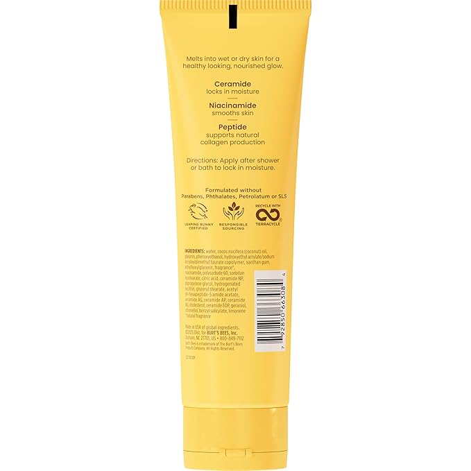 Burt's Bees Christmas Gifts, Boosted Body Moisturizing Melt With a Ceramide, Niacinamide and Peptide Complex, Intense Skin Hydration, Cream-to-Oil Body Lotion, Tropical Scented, 4 oz. Tube