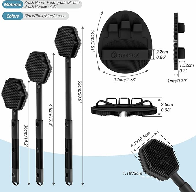 Silicone Back Scrubber & Soft Bath Glove 2PCS, 16''- 21''Extendable Back Scrubber with Dual-Side Large Head, 360° Anti-Slip Hand-fit Silicone Body Scrubber for Rich Foaming Deep Cleaning(Black)