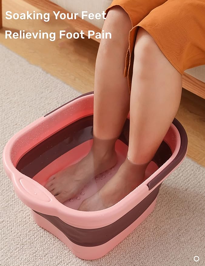 Collapsible Foot Spa Bath Soaking Tub for Girls Women, Inflatable Feet Soak Basin Bucket with Handle and Feet Massaging Acupoint, Pink