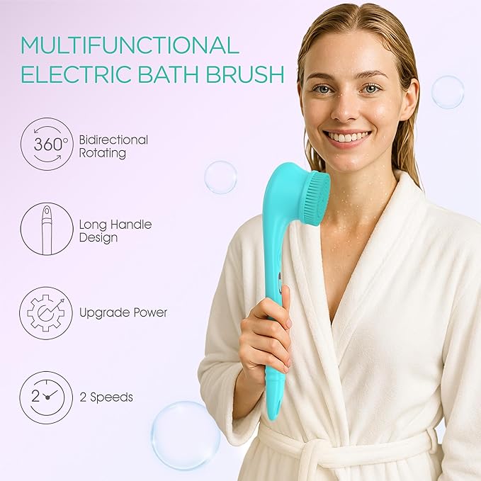 VOYOR Electric Body Brush Back Scrubber Silicone Body Scrubber Two-Way Rotating Brush Head for Deep Cleaning, Exfoliation, 4 Attachments Long Handle IPX6 Rechargeable Shower Brush BC300 (Blue)