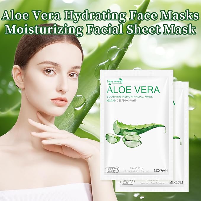 10 Sheets Face Masks Skincare, Aloe Vera Hydrating Face Mask Skincare For Dry, Oily, Sensitive Skin, Aloe Facial Masks Skin Care Sheet For Moisturizing, Soothing