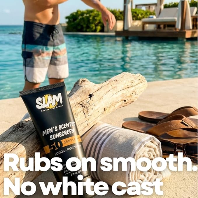 SLAM MysteryMan Men's Sunscreen Lotion SPF 50 & Moisturizer – Face & Body Sunblock, Anti-Aging, Water-Resistant, Hawaii Act 104 Safe, Daily Sport Skincare for Men, Scented – 3 fl oz. Double pack.