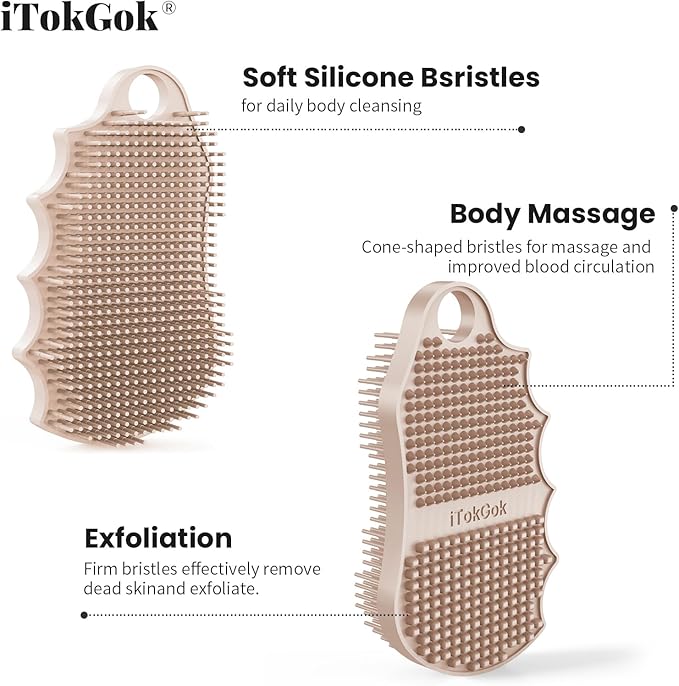 Silicone Body Scrubber Silver-Infused Dual-Sided 3-in-1 for Shower, Body Cleaning+Massage+Exfoliator Body Brush Buffer for Men and Women, Silicone Loofah, Non-Slip Handle (Sand Pink)