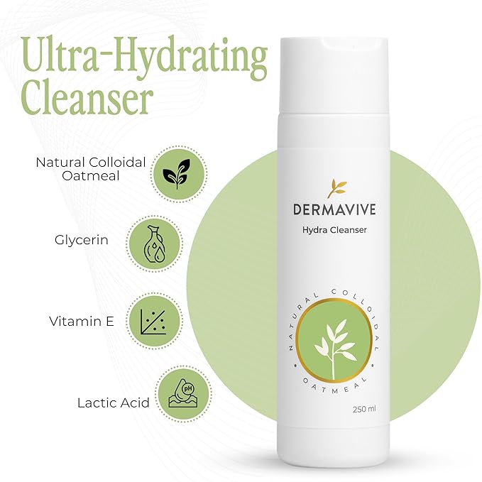 Dermavive Hydrating Facial Cleanser, Soap-Free Gentle Cleanser with Colloidal Oatmeal & Vitamin E, Soothes & Moisturizes Dry Sensitive Skin, Suitable for All Skin Types, 250ml (8.5oz)