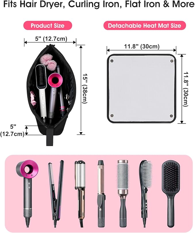 Hair Tools Travel Bag with Heat-Resistant Mat, Large Capacity Organizer for Curling Iron, Flat Iron, Blow Dryer & Hair Accessories, Portable Travel Case for Styling Tools (Midnight)