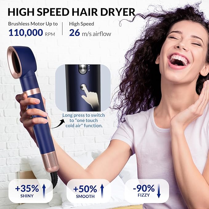 4-in-1 Hot Air Styler & Hair Dryer Brush – 110,000 RPM High-Speed Brushless Ionic Blow Dryer for Fast Drying, Curling, Straightening, Suitable for All Hair Styler - No Heat Damage(Blue)