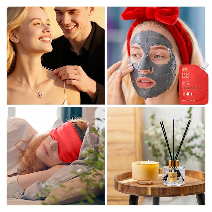 35 Pcs Christmas Gift for Women, Red Rose Bath and Body Basket Gift, Face Skin Care Kit, Home Spa Self Care, Lip Gloss, Diffuser, Necklace, Birthday, Valentines, Mother Day, Bridal Shower, Anniversary