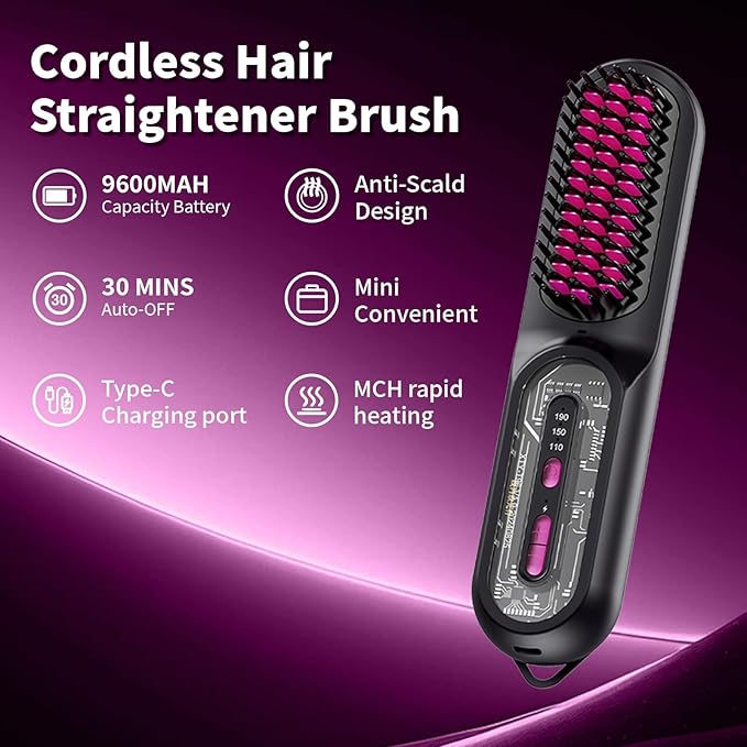 Travel Brush for Women, Portable Cordless Hair Straightener Brush, Mini Hair Straightener with 9600mAh Battery, Fast Charging & 100M Negative Ions - Cordless Portable Styler for On-The-Go (Black)