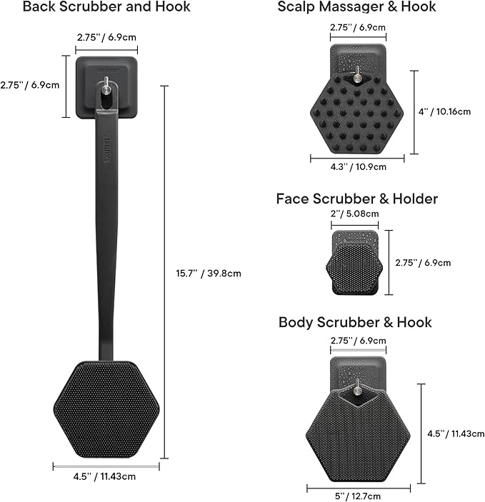TOOLETRIES The Scrub King - Men's Silicone Body and Face Scrubber Set - Back Scrubber for Shower, Body Scrubbers, Storage Hooks, & Face Brush Holder - Shower Accessories for Men - Charcoal