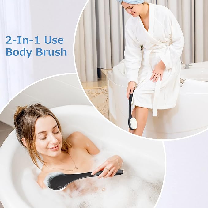 Back Brush Long Handle for Shower, Soft Bristle Back Scrubber for Shower, Ergonomics Curved Long Handle Bath Brush Exfoliating Body Scrubber with Hook and Lanyard-Black