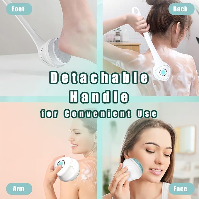 Electric Body Scrubber for Shower - Rechargeable Waterproof Exfoliating Brush with 5 Replaceable Brush Heads, Deep Cleansing & Massage, Ideal for Sensitive Skin & Back Cleanser