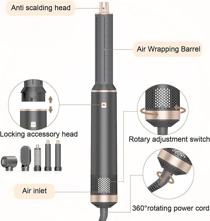 5 in 1 Hot Air Brush - Blow Dryer Brush & Air Curling Wrap Styler with Negative Ion Technology, Hair Dryer Brush for Drying, Curling, Straightening & Styling, Holiday Gift for Women (Grey)