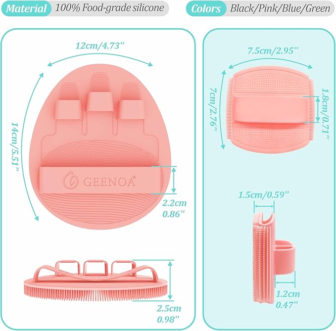 Soft Silicone Bath Glove & Face Scrubber Set 2PCS, 360° Anti-Slip & Hand-fit Body Scrubber for Rich Foaming Deep Cleaning, Unique Facial Scrubber with Side-bristles for Contoured Areas.(Pink)