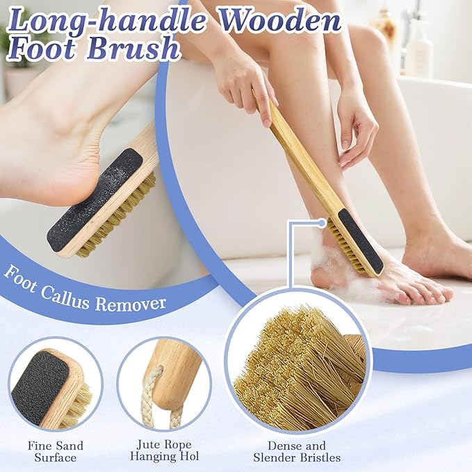 Manmihealth Silicone Back Scrubber & Soft Shower Brush, Silicone Scalp Massager, Wooden Foot Files Brush Set 7 PCS, Whole Body Scrubber & Shampoo Brush Combination, with 4 Free Hooks (Style 2 Black)