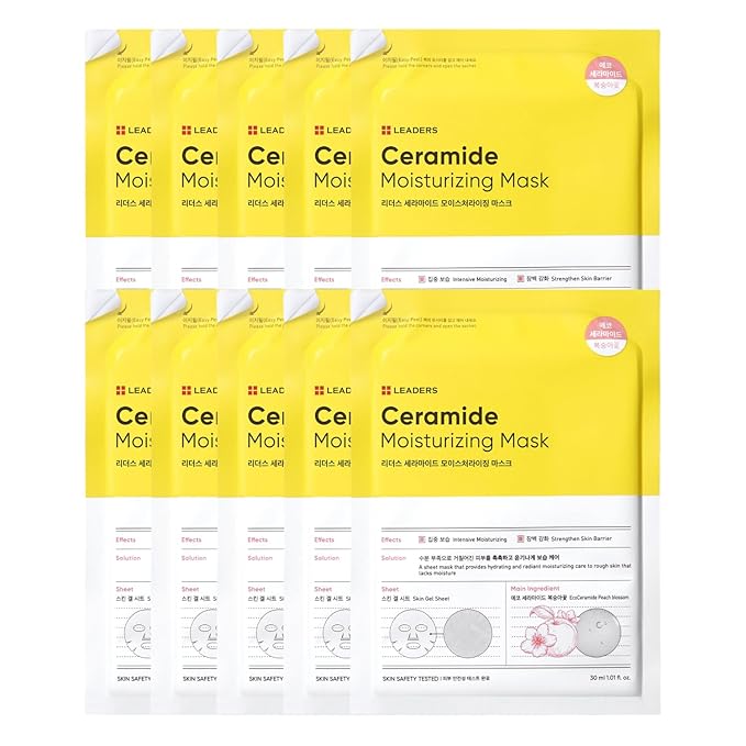 LEADERS Insolution Ceramide Moisturizing Mask - Hydrates, Moisturizes, Nourishes Rough & Dry Skin | Strengthens Skin Barrier, Easy Peel Pouch, Safe & Gentle for All Skin Types - 10 Sheets