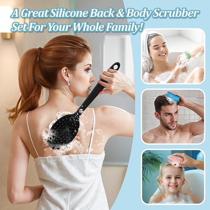 Silicone Back & Face Scrubber & Bath Glove Set 3PCS, 13.4'' Gentle Back Scrubber with Dual-Side Head, 360° Anti-Slip Bath Glove, Unique Side-bristled Face Scrubber for All-round Cleaning(Black)
