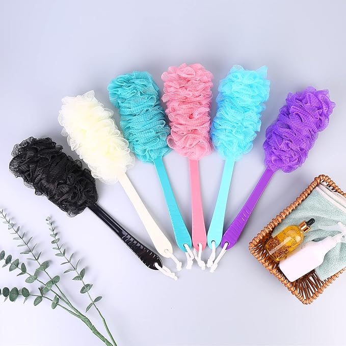 Back Scrubber Brush Long Handle for Shower, Loofah On a Stick Sponge Back Brush, Body Exfoliator Scrubber Bath Brush for Men Women, Exfoliating Cleaning Back Scrubber for Elderly (2 Pack-Black+Purple)