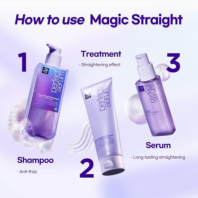 Mise En Scene Perfect Serum Magic Straight Set - Magic Straight Serum 2.71 Fl Oz with Treatment 7.77 Fl Oz -Hair Taming Oil for Frizzy | Heat Protectant |Straightening Fixing | Humidity Hair Products