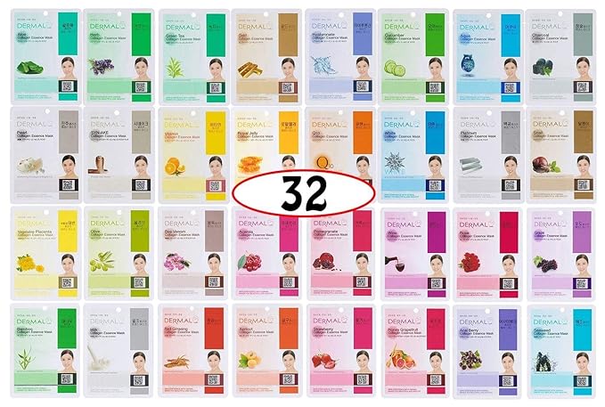 DERMAL Korean Collagen Face Mask 32 Combo Pack A+B Set – Hydrating & Soothing Sheet Mask with Panthenol, Hypoallergenic Calming Moisture Care for All Skin Types