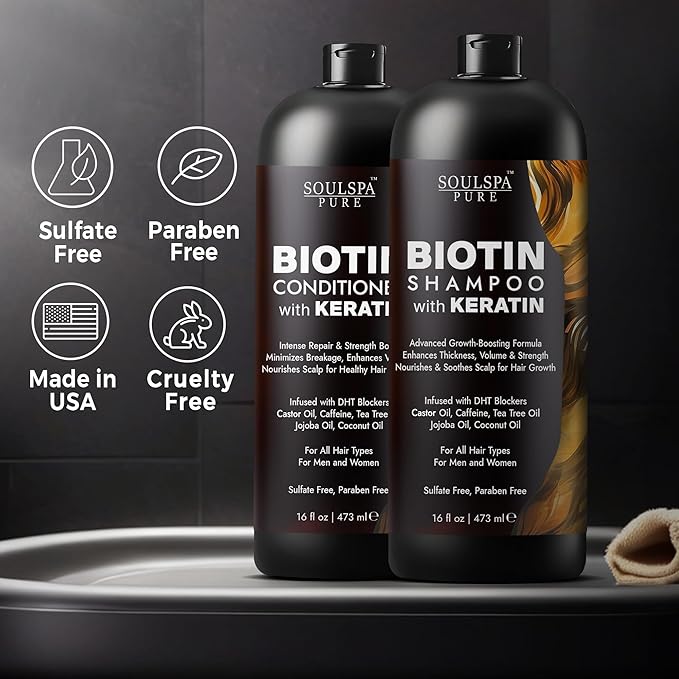 Biotin Shampoo and Conditioner Set with Keratin - Sulfate-Free Advanced Anti-Thinning, Hair Growth Shampoo and Conditioner Combo Repair Formula - with DHT Blockers, for Men & Women - 16 fl oz each