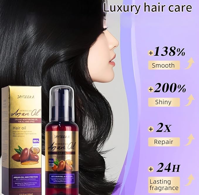 Moroccan Argan Oil Hair Treatment, Organic Moisturizing Oil for All Hair Types, Anti-Hair Fall and Renewal Formula, 3.51 fl oz