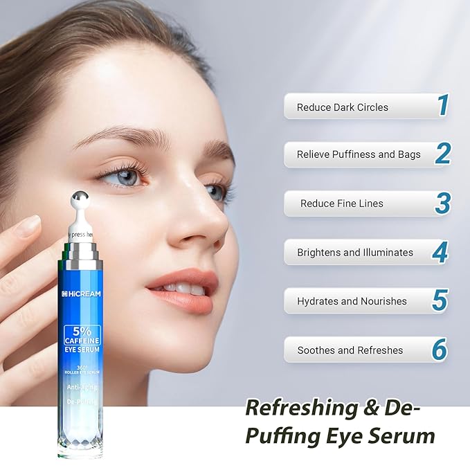 Eye Cream with 5% Caffeine Hyaluronic Acid, Eye Serum with 360° Roller Massage Ball for Puffy, Fine Lines, Dark Circles and Wrinkles, Under eye Treatment Serum for Women & Men