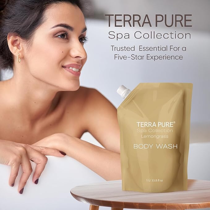 Terra Pure Spa Collection 1 Liter Body Wash Refill Bag For Soap Dispensers | Bulk Toiletries for Vacation Rentals, and Home Bathroom Showers | Green Tea Lemongrass | Set of 12