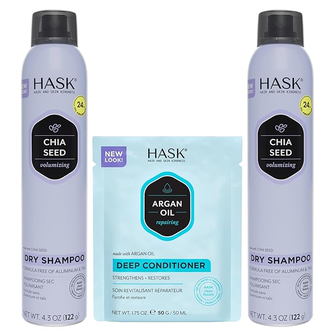 HASK Chia Seed Volumizing Dry Shampoo Duo (4.3oz-Qty 2) & Argan Oil Repairing Deep Conditioner Packette, Aluminum-Free, Sulfate-Free, Paraben-Free, Color Safe, for All Hair Types