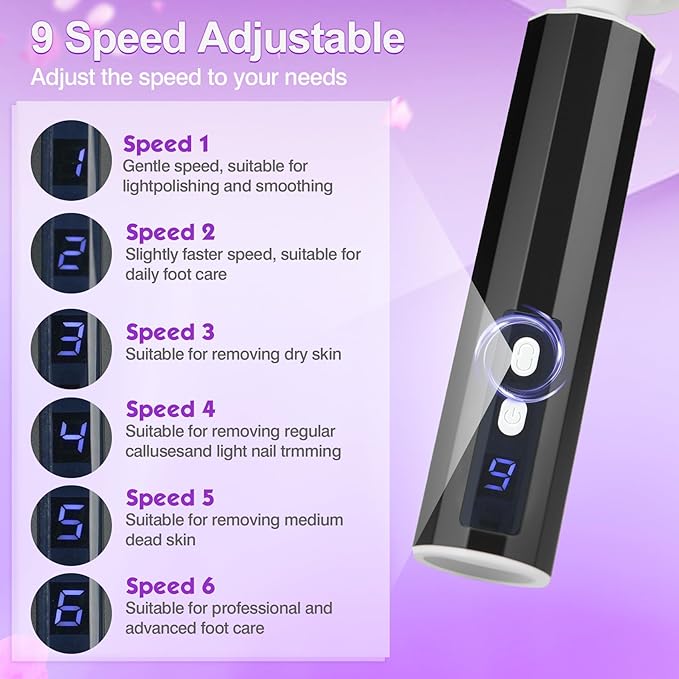 Electric Foot Callus Remover, Professional Pedicure Kit for Women & Men - Electric Foot File with Speed Adjustment & Rotation Control for Feet Care, Includes 20Pcs Sandpaper + 10Pcs Barrel Sandpaper