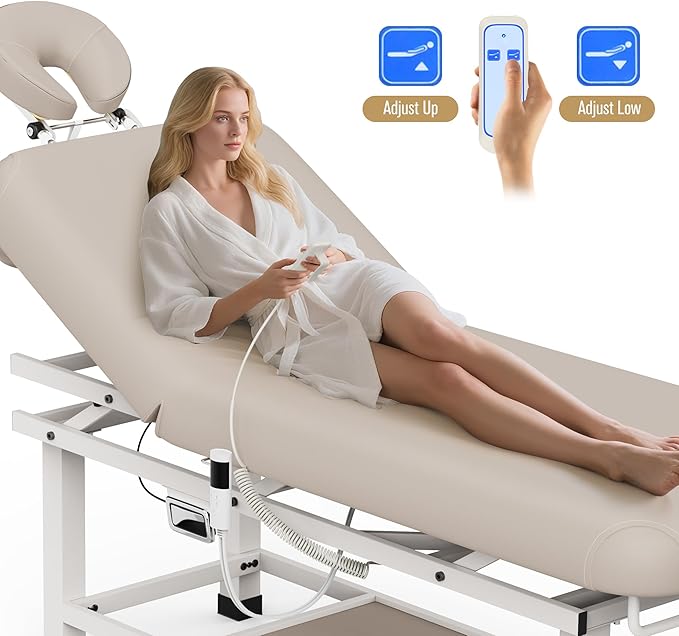 pouseayar Heavy Duty Electric Stationary Massage Table with Heating Function, Backrest Adjustable and Storage Space for Treatment/Medical Spa/Facial/Beauty/Massage Bed - 30 x 75 - Beige Gray