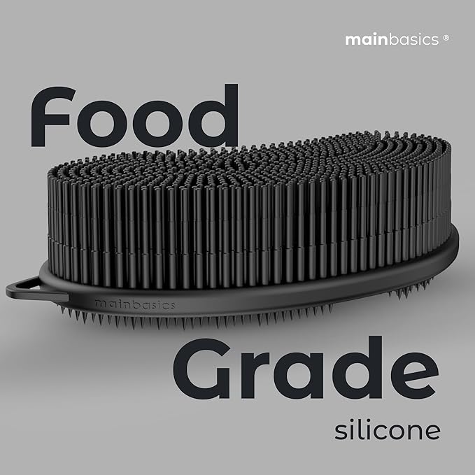 MainBasics Silicone Body Scrubber – Dual-Sided Shower Exfoliator for Men & Women, Gentle Silicone Loofah Alternative for Deep Clean (Black, Exfoliate)