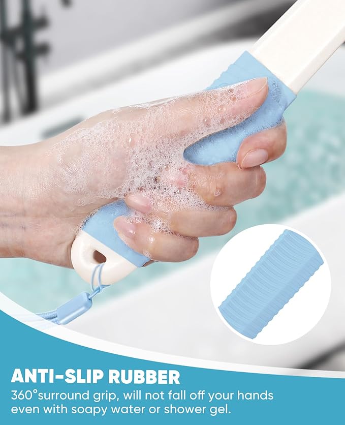 Back Scrubber for Shower with 17" Long Handle, Non-Slip Grip Dry Brushing Body Brush, Natural Boar Bristles Shower Brush for Lymphatic Drainage, for Men & Women Use - White with Blue Handle