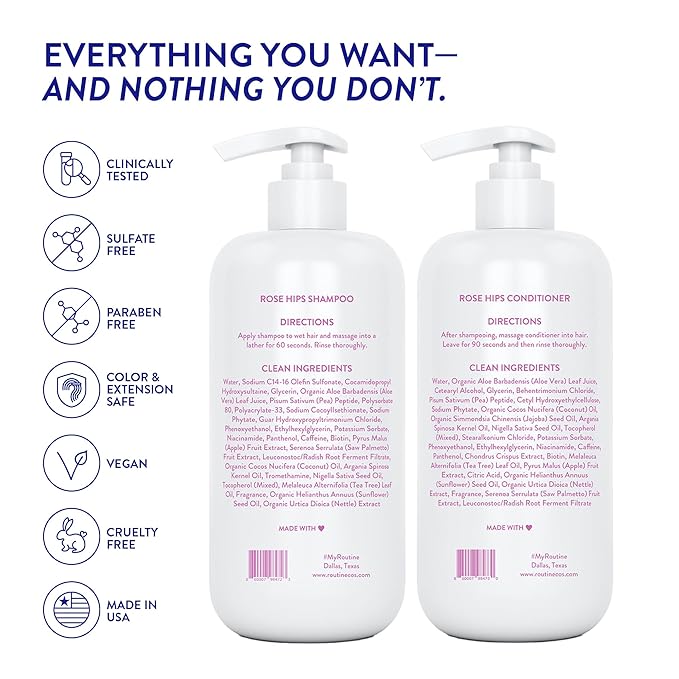 Routine Wellness 1 Liter Anti-Thinning Volumizing Shampoo and Conditioner Set for Thinning Hair & Hair Loss - Grow Your Confidence with Biotin & DHT Blockers - 1 Liter Rose Hips Set