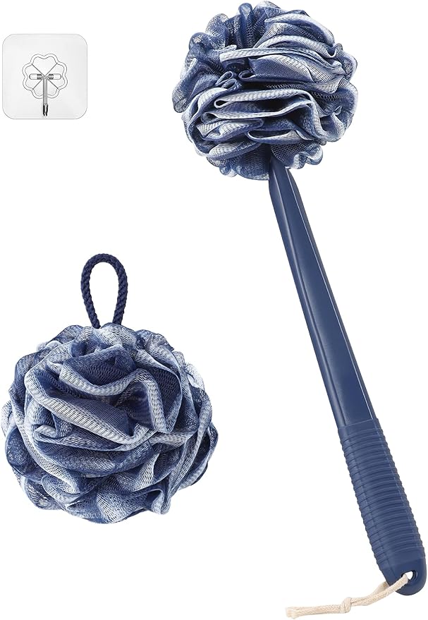 Loofah With Handle Back Scrubber for Shower, Non-Slip 17" Plastic Handle, Hand Shower & Loofah on a Stick Sponge Set, Deep Blue With White Edge