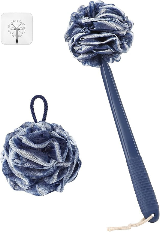 Loofah With Handle Back Scrubber for Shower, Non-Slip 17" Plastic Handle, Hand Shower & Loofah on a Stick Sponge Set, Deep Blue With White Edge