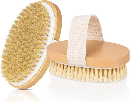 OPAZ 2-Pack Dry Body Brush – Natural Boar Bristles, Ergonomic Cotton Strap – Smoothes Skin, Reduces Cellulite, Boosts Circulation & Lymphatic Drainage – Eco-Friendly Wooden Scrub
