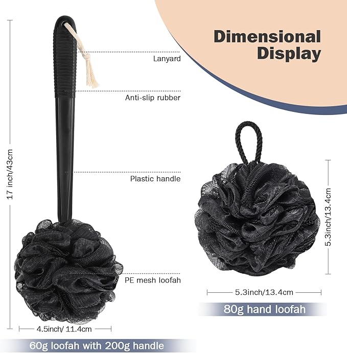 Non-Slip Back Scrubber with 17" Plastic Handle - Hand Shower Loofah & Loofah on a Stick Set, Black