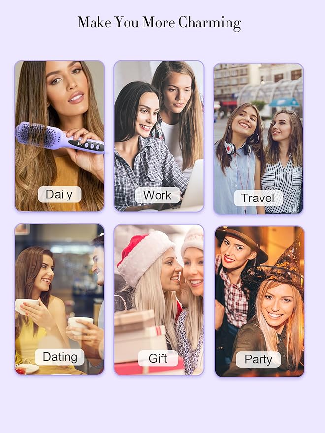 LANDOT Hair Straightener Brush for Damaged Hair - Keratin & Argan Oil Coated Bristles, Ionic Ceramic Straightening Brush to Reduce Frizz & Nourish Hair, Dual Voltage, 12 Temp 250-450F, Purple