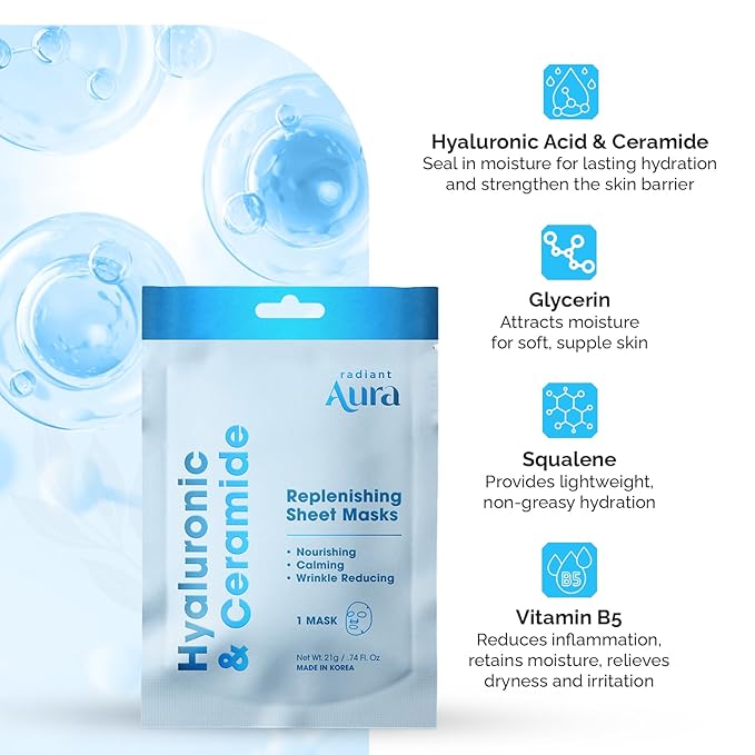 Hyaluronic and Ceramide Sheet Mask - Korean Face Mask for Hydrated and Soft - Looking Skin - Collagen Facial Mask for Calming & Smoothing – Pack of 15