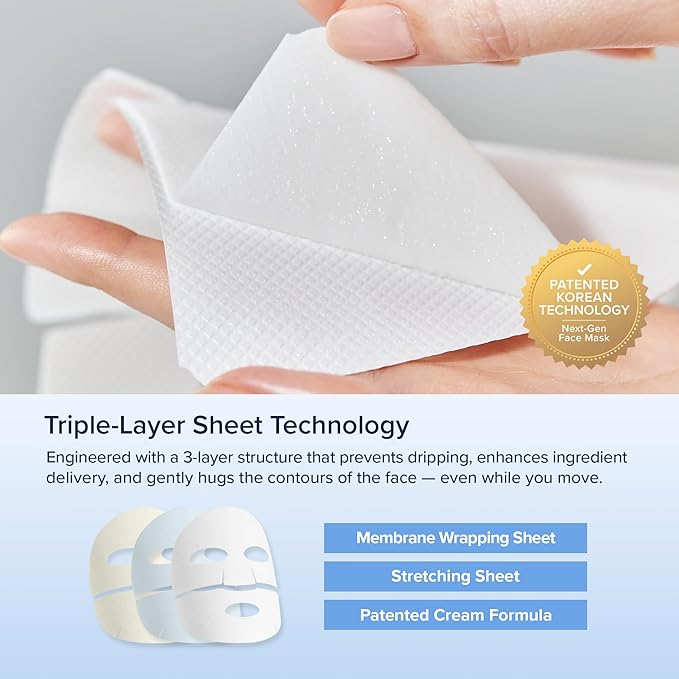 Sealing-in-Moisture Mask | No-Slip, No-Drip, No-Mess 15-Minute Triple-Layer Sheet Mask | Niacinamide, Adenosine &Collagen for Hydration,Firming & Glowing Skin | (18gx5ea)