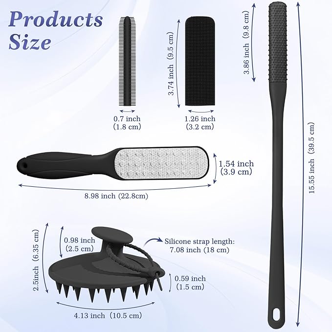 Manmihealth Silicone Back Scrubber & Soft Shower Brush, Silicone Scalp Massager, Toe Cleaning Brush Set 8 PCS, Body Foot Scrubber & Shampoo Brush Combination, with 4 Free Hooks (Style 1 Black)