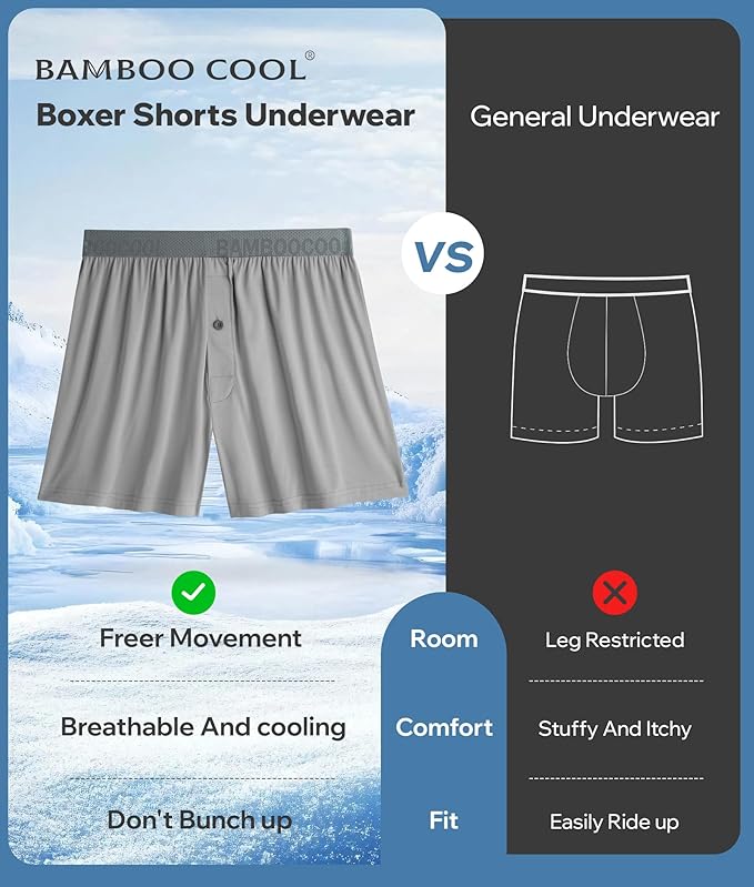 BAMBOO COOL Soft Men's Boxer Shorts 3 Pack,Silk Feeling Underwear for men with Button Fly,Breathable Loose Fit Boxers