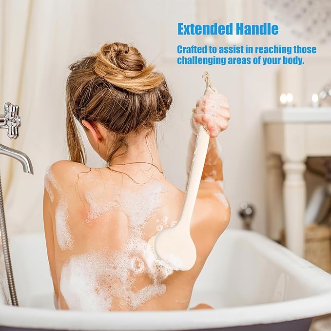 VANZAVANZU Back Scrubber for Shower, Bath Brush with 17-Inch Long Anti-Slip Handle, Wet and Dry Brushing Body Brush for Body Cleansing, Back Brush for Men and Women (Cream White)